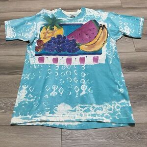 Vintage Fruit Of‎ The Loom Green Aqua Fruit T-Shirt Made In USA Tie Dye Large